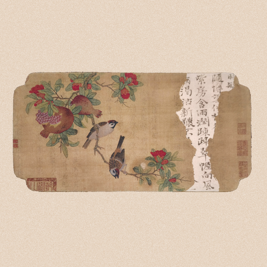 Чайное полотно "Воробьи на гранатовой ветке", 20x40 см