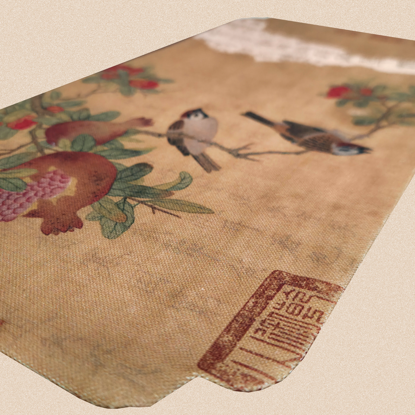 Чайное полотно "Воробьи на гранатовой ветке", 20x40 см