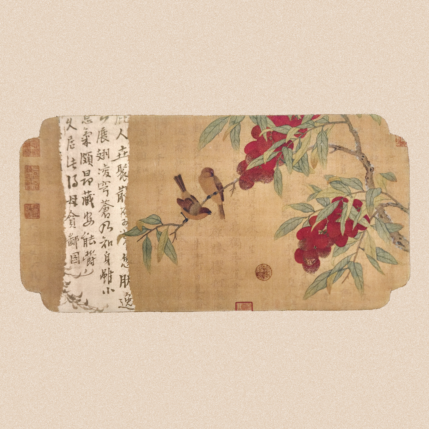 Чайное полотно "Воробьи на ветке восковницы", 20x40 см